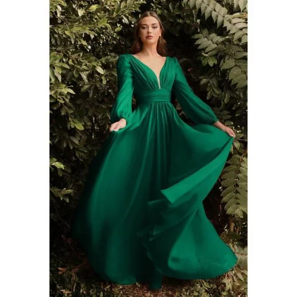 knee length dresses for ladies Cinderella Divine -CD749 Queen Anne neckline three-quarter sleeves Long  Prom Gown